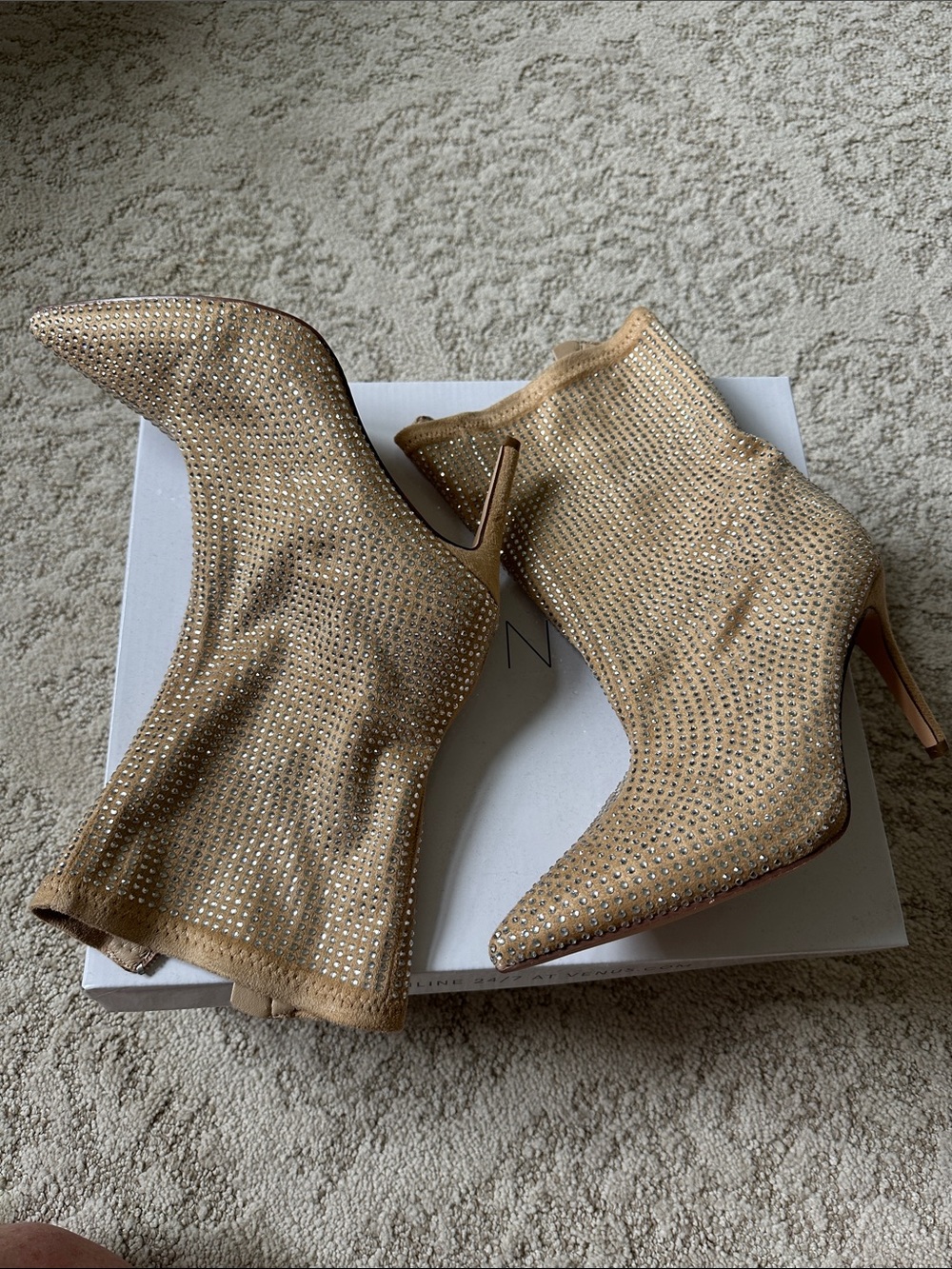 VENUS Nude Rhinestone Pointed Toe Stiletto Ankle Boots